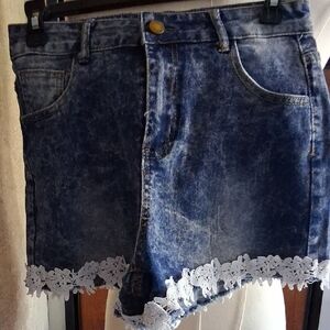 Blue and White Jean Shorts with Distressed Hem